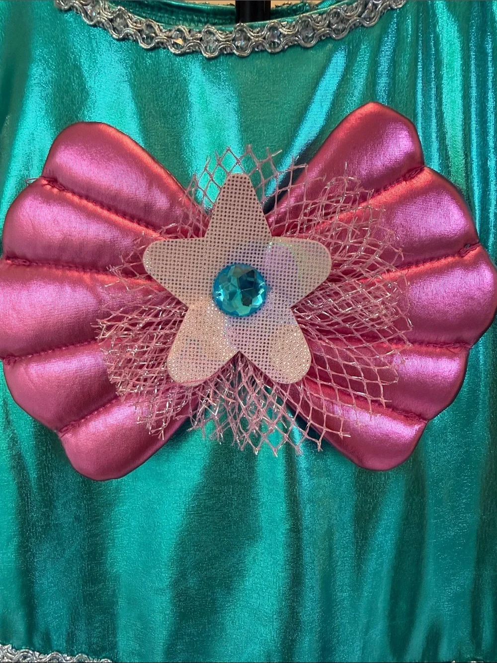 Girl’s Halloween Sparkling Mermaid Costume Dress w Pink Shell Accent - Teal/Blue